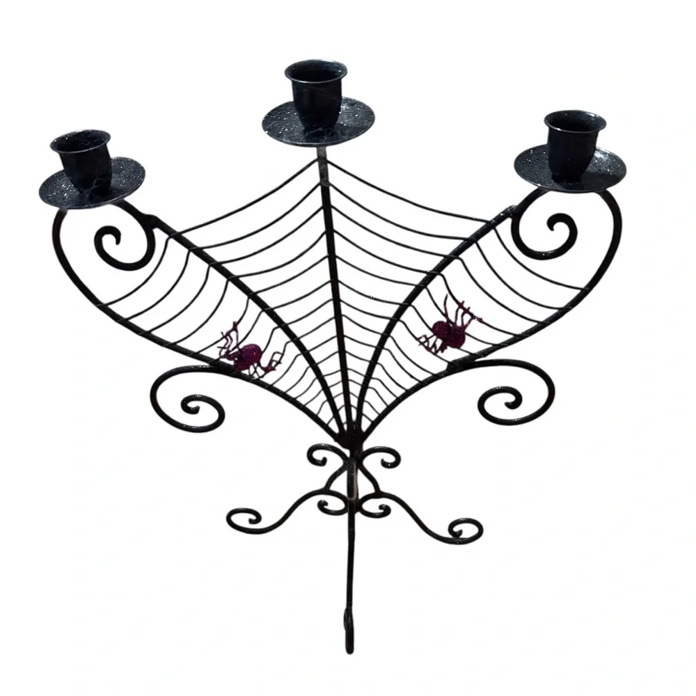 Spiderweb And Spiders Halloween 15” 3 Candle Candle Holder Metal